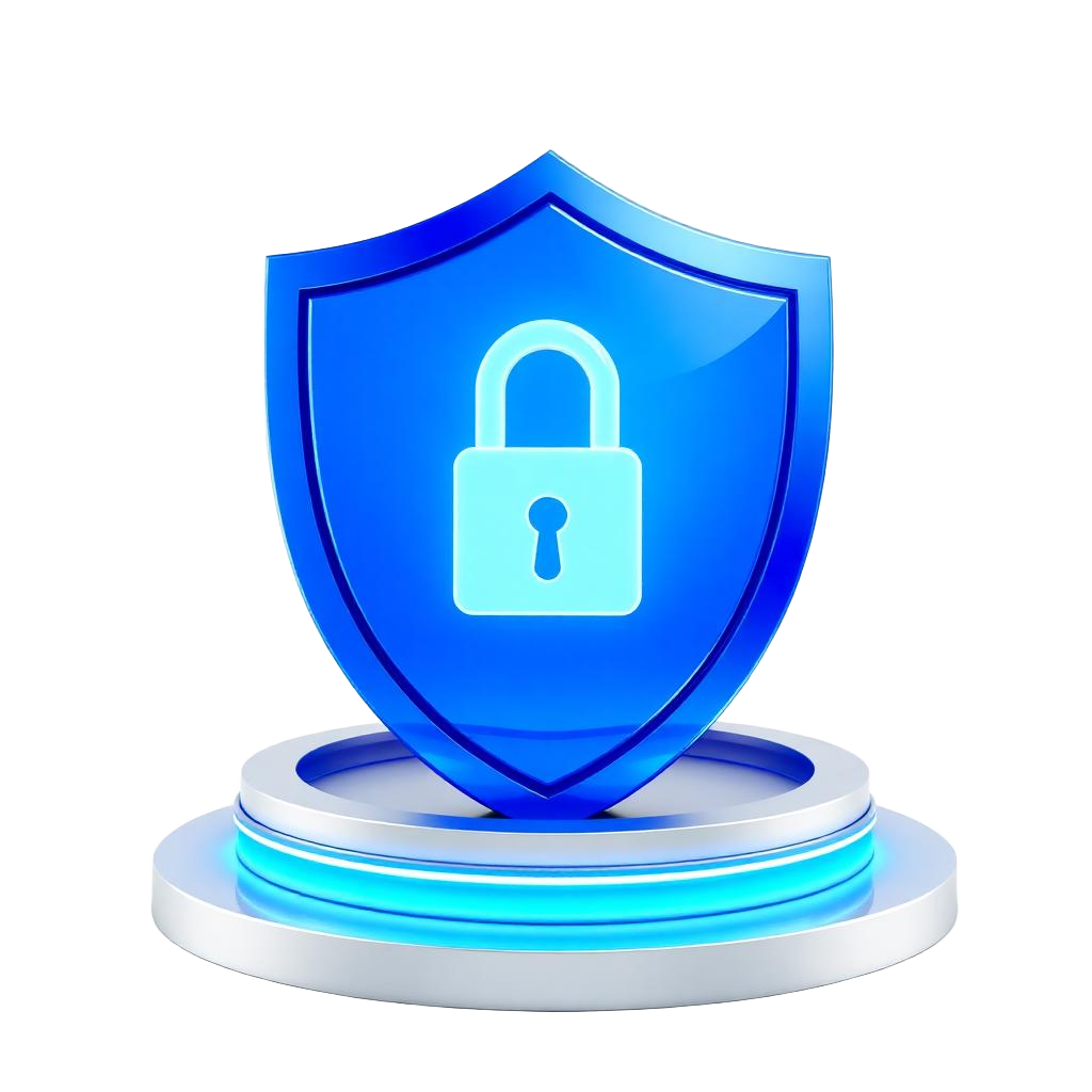 3D security shield with padlock on a podium